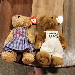 Ty Beanie Babies 'Thanks Mom' Purple & 'Thanks Dad' White Plush Bears - Set of 2
